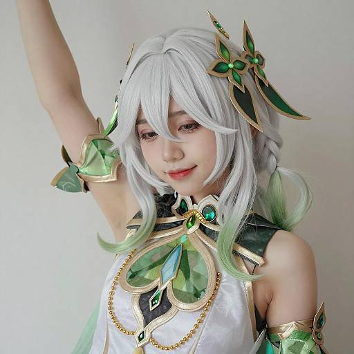 White-Haired Cosplayer with Green Headpiece