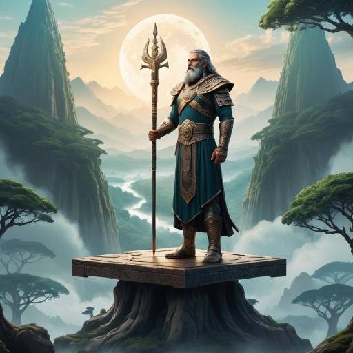 Fantasy Warrior with Trident on Mountain Pedestal