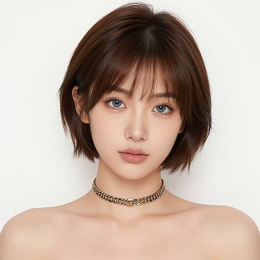 Photograph of a young Asian woman with short, dark brown hair, blue eyes, fair skin, and a gold chain choker, against a plain