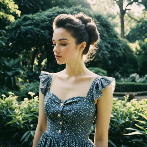 Woman with Hard Part Hairstyle in Vintage Dress