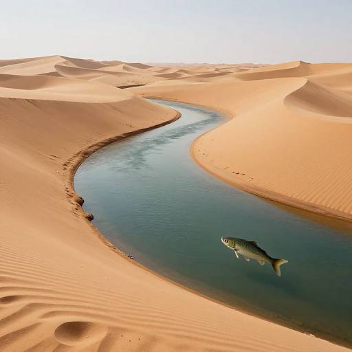 Photograph of a winding blue oasis stream in a vast, sandy desert with a single fish swimming near the surface.