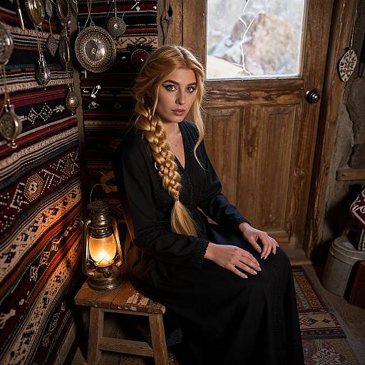 Photograph of a young blonde woman with a long braid, wearing a black dress, sitting by a lit lantern in a rustic, patterned wooden