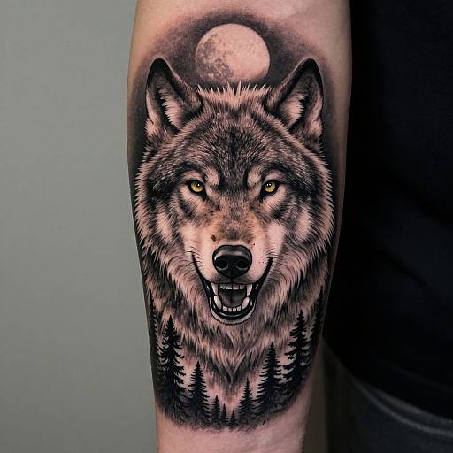 Realistic black-and-gray tattoo of a snarling wolf with yellow eyes, detailed fur, and a full moon above, on a forearm.