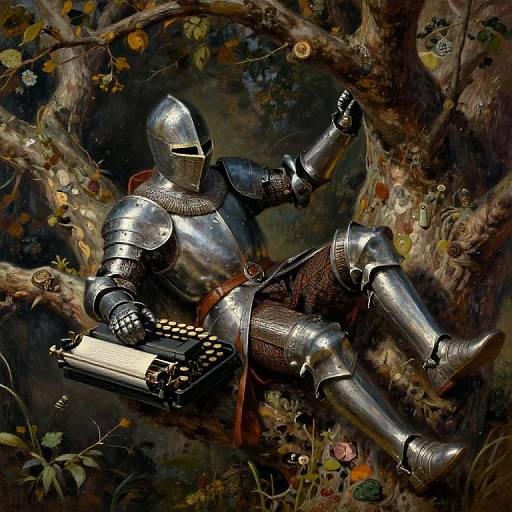 Digital painting of a medieval knight in shiny silver armor, reclining on a tree branch, typing on an antique typewriter amidst colorful flowers and leaves.