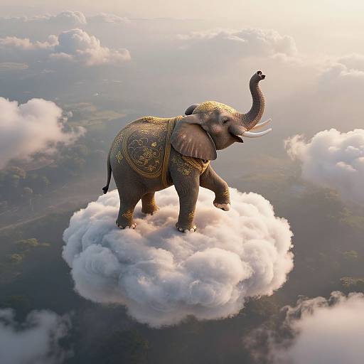 Fantastical CGI image of an ornately decorated elephant standing on a fluffy cloud, raising its trunk, with a scenic landscape below.