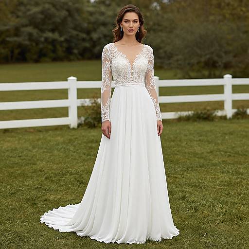Photograph of a woman with long brown hair wearing a white lace long-sleeve wedding gown with a deep V-neck, standing on green grass in
