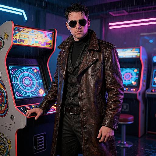 Photograph of a serious man in dark sunglasses and a black leather coat, standing in a neon-lit arcade, next to a brightly colored arcade machine