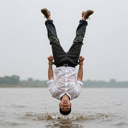 Man Suspended in Water with Ropes