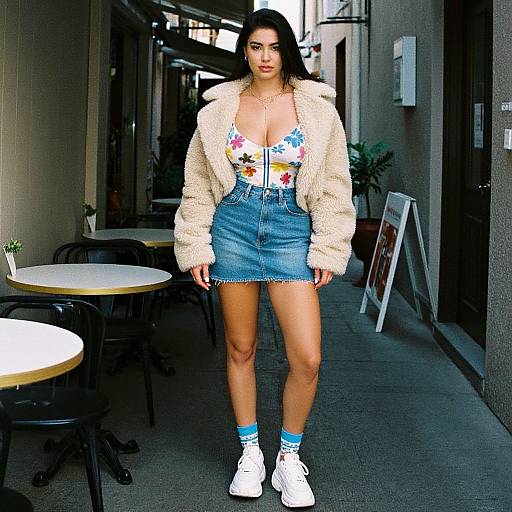 Photograph of a confident woman with dark hair, wearing a fluffy cream jacket, floral top, denim skirt, blue socks, and white sneakers, standing