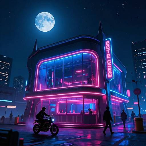 Neon-lit, futuristic bar with 