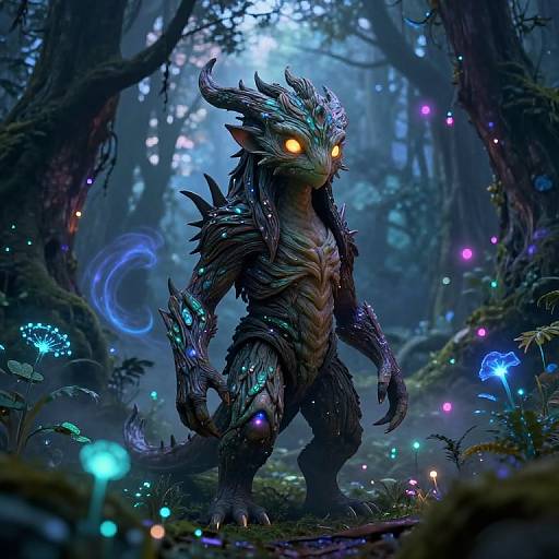 Digital artwork of a glowing, dragon-like creature with sharp horns and yellow eyes, standing in a mystical forest illuminated by bioluminescent mushrooms and trees
