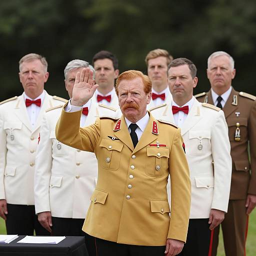 Man in Mustard Military-Style Jacket Raising Hand