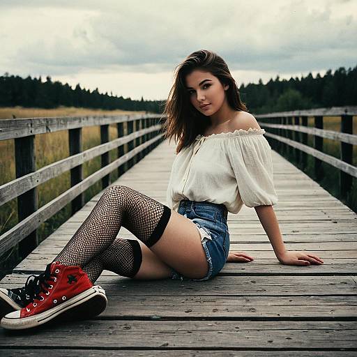 Teen Fashion Model Sitting on Wooden Boardwalk