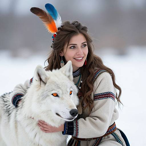 Photograph of a smiling woman with long brown hair, wearing a feathered headband and traditional embroidered jacket, hugging a white wolf with striking orange