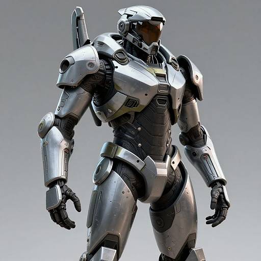 Photorealistic CGI of a silver, futuristic, armored robot with a helmeted head, black accents, and a shoulder-mounted weapon against a gradient gray