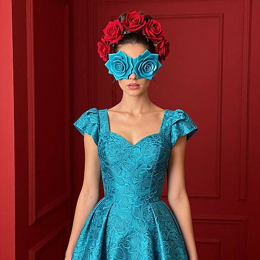 Digital art of a woman in a blue rose-patterned dress, blue rose mask, red flower crown, against a red paneled background.