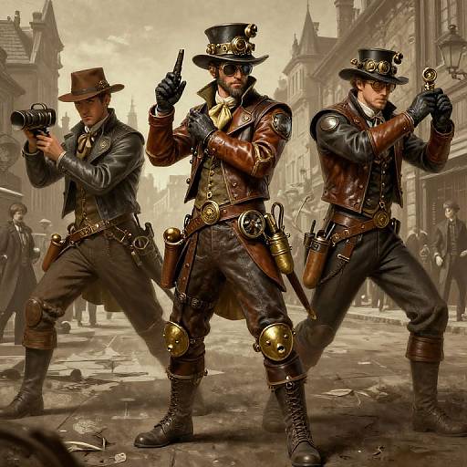 Digital art of three Victorian-era, leather-clad, top-hat-wearing, armed detectives in a gritty, foggy street, ready for action