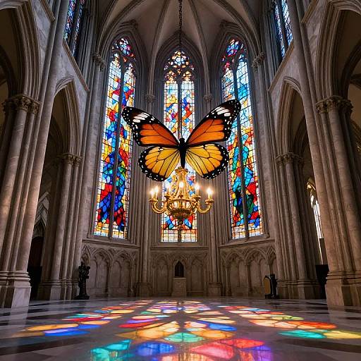 Photograph of a grand Gothic cathedral interior with towering stained glass windows and a large orange butterfly sculpture hanging from a chandelier, casting colorful reflections on the