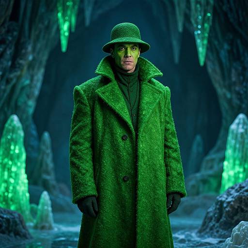 Photograph of a man in a green textured coat and matching hat, standing in a dark, cave-like setting with glowing green crystal formations.