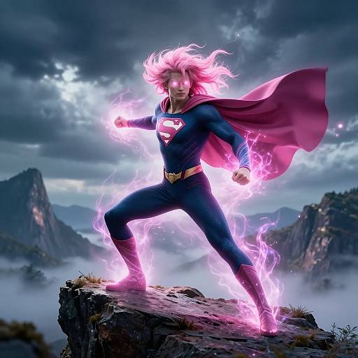 Pink-Haired Superhero on Cliff
