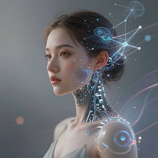 Digital art of a fair-skinned, young woman with dark hair, futuristic glowing circuits and orbs on her neck, against a gradient gray background.