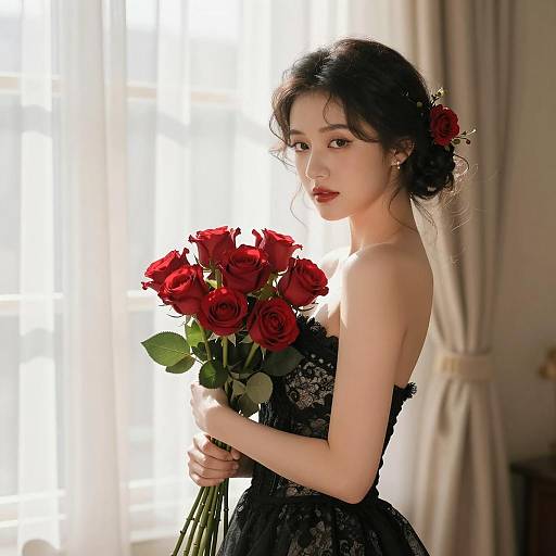 Elegant Woman in Sunlit Room with Roses