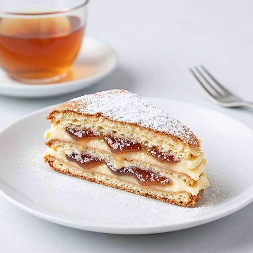Photograph of a dusted, layered, jam-filled sponge cake slice on a white plate, with a glass of tea in the background.