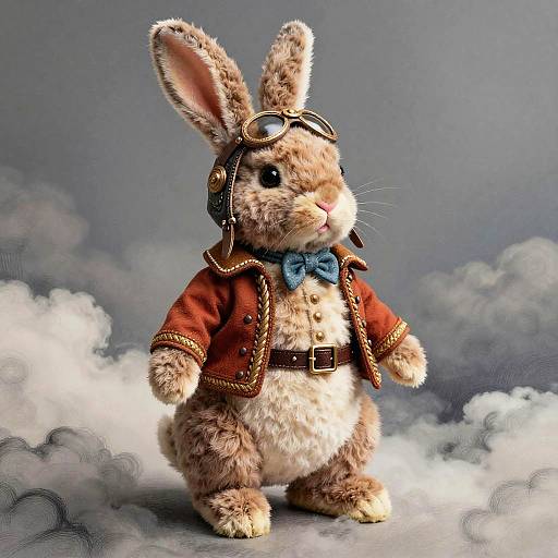 Photorealistic digital art of a fluffy brown bunny in steampunk attire with goggles, red jacket, blue bow tie, standing on clouds.