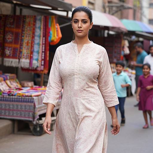 Photograph of a confident South Asian woman with dark hair in a white, patterned traditional dress, walking through a bustling market street with colorful textiles and
