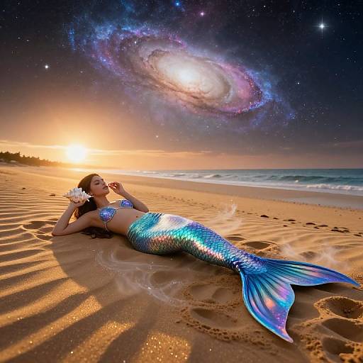Photograph of a mermaid with shimmering blue scales, white flower in hair, lying on sandy beach at sunset, with a galaxy spiral above.