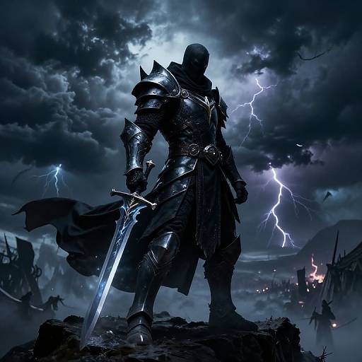 Digital art of a silhouetted armored warrior with a glowing sword standing on rocky ground during a stormy, lightning-filled night sky. Dark,