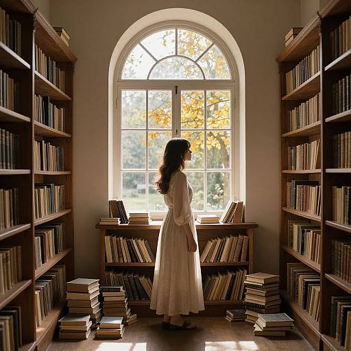 Photograph of a woman in a white, long-sleeved dress, standing in a sunlit library, facing a large arched window with autumn