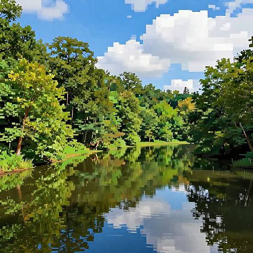 Pixel art of a serene forest reflection in a clear, still pond under a bright blue sky with white clouds.