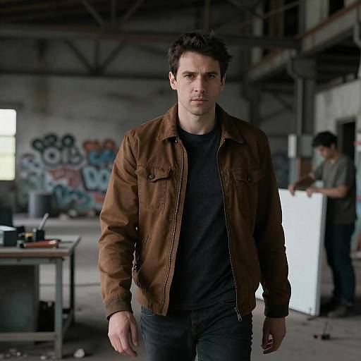 Serious Man Walking in Abandoned Industrial Warehouse