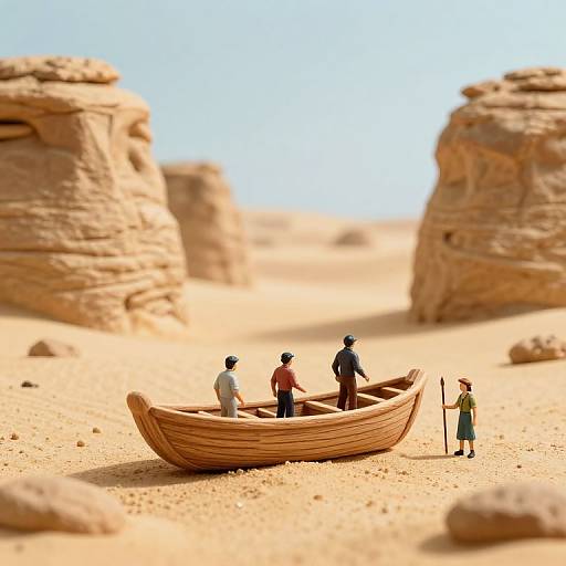 Photorealistic miniature scene: five small, detailed figures in traditional desert attire sit in a wooden boat, surrounded by sandy, rocky desert landscape with towering