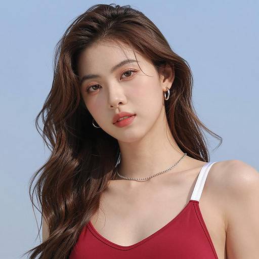 Young Woman in Red Bra Under Blue Sky