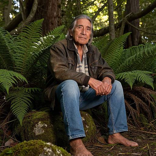 Photograph of an elderly man with gray hair, wearing a black jacket, plaid shirt, blue jeans, and bare feet, sitting on a moss