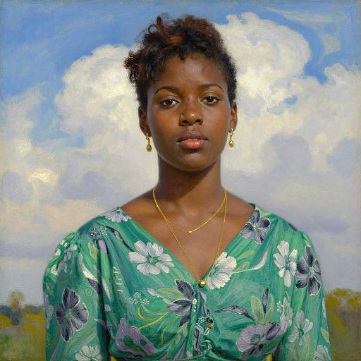 Photorealistic painting of a young Black woman with short curly hair, wearing a green floral dress and gold jewelry, against a bright blue sky with white