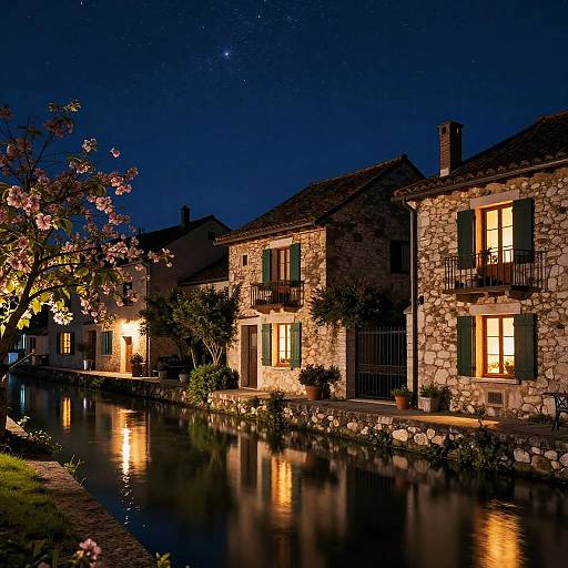 Magical Nighttime Village by Canal