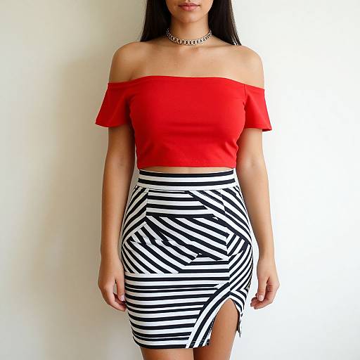 Photograph of a woman with long black hair, wearing a red off-shoulder crop top, black and white zebra-striped skirt, and silver