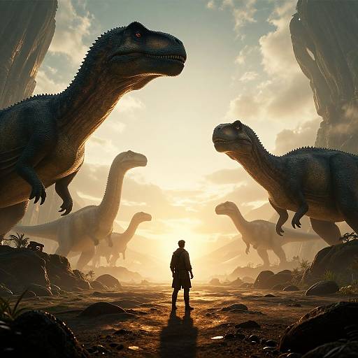 Silhouetted person stands in a rocky, dinosaur-filled valley at sunset, surrounded by towering, shadowy dinosaurs under a glowing, cloudy sky.