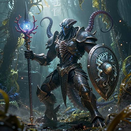 Armored Kraken-Kin Battle-Mage with Trident and Shield