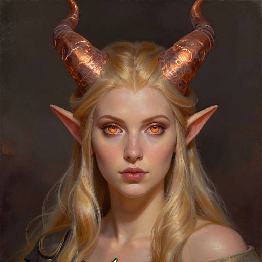 Digital painting of a blonde, elf-like demon woman with glowing orange eyes, large curved horns with glowing patterns, and pointed ears, set against a dark