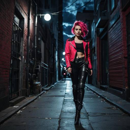 Neon Punk Woman Walking in Alley at Night