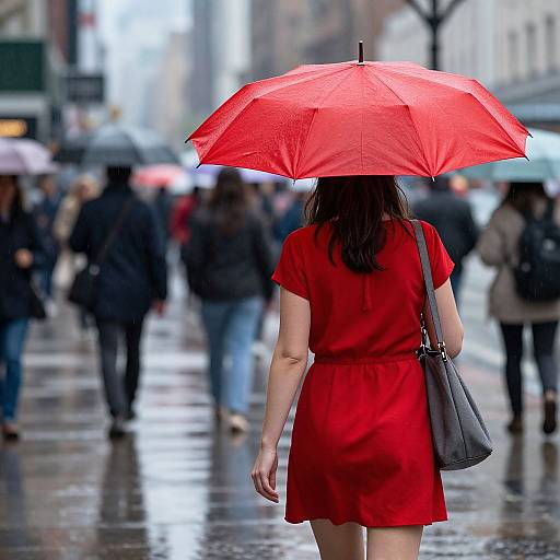 Photograph of a woman in a red dress holding a red umbrella, walking in a rainy city street, surrounded by blurred pedestrians.