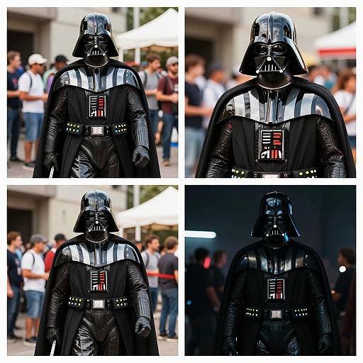 Photograph collage of a person in a detailed black Darth Vader costume, standing in a busy outdoor setting with blurred background. Four images show varying angles and