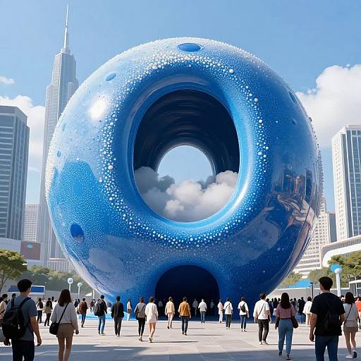 Photograph of a large, blue, spherical public art installation with reflective surface, surrounded by a diverse crowd in a sunny urban plaza with skyscrapers