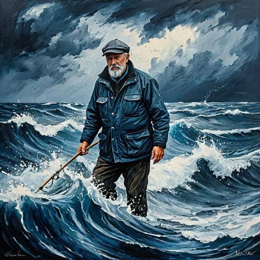 Aged Fisherman in Stormy North Sea