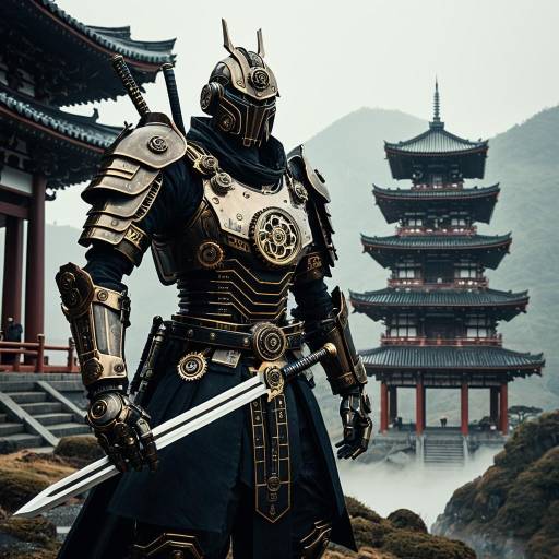 Clockwork Samurai Android at Ancient Temple