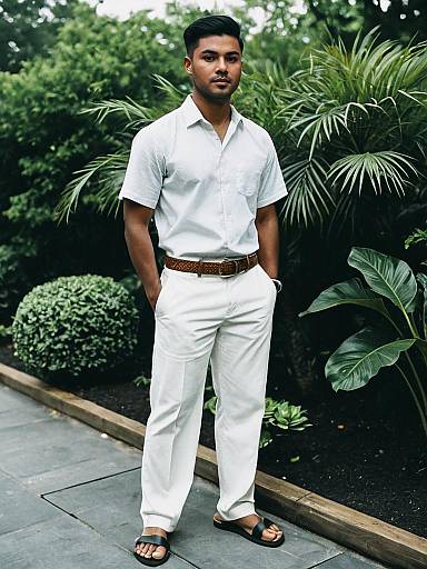 Photograph of a man with short black hair, medium build, wearing a white shirt, white pants, brown belt, and sandals, standing in a